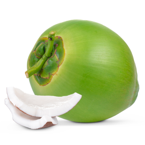 Coco verde entero con trozos de pulpa. Fruta tropical, fuente de electrolitos King Chars.